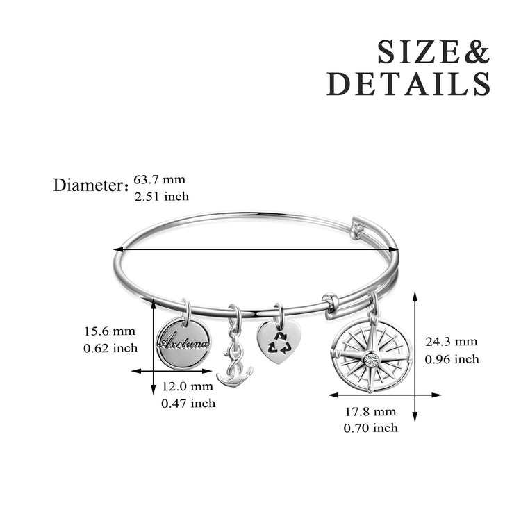 Personalized 925 Sterling Silver Nautical Anchor and Compass Bracelets Expandable Bangles for Women - onlyone