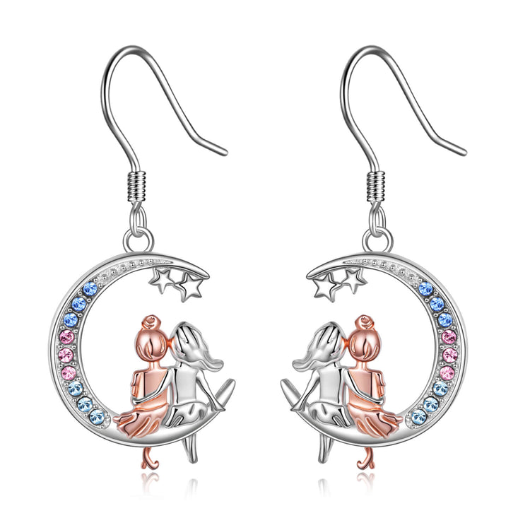 925 Sterling Silver With Crystal Dangle Sister Earrings With Crystal