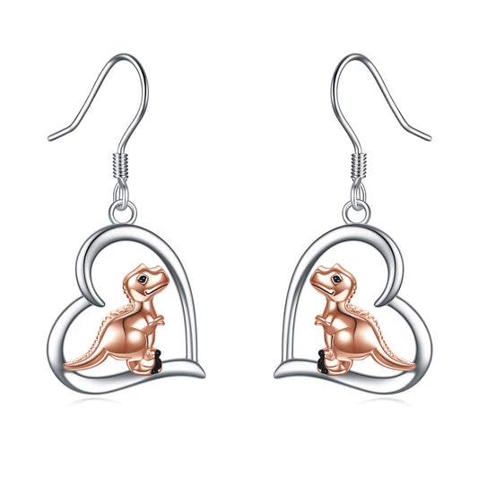 925 Sterling Silver Heart Dinosaur Dangle Drop Earrings