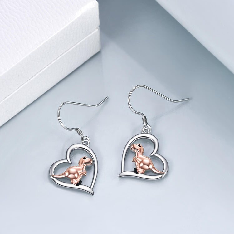 925 Sterling Silver Heart Dinosaur Dangle Drop Earrings