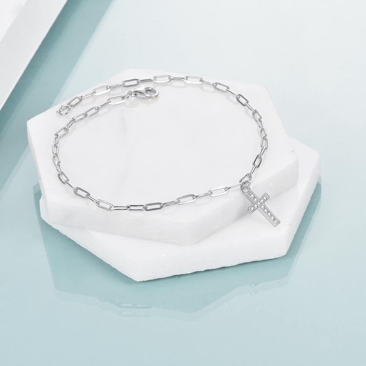 925 Sterling Silver Crystal Cross Bracelet In Clip Link Chain