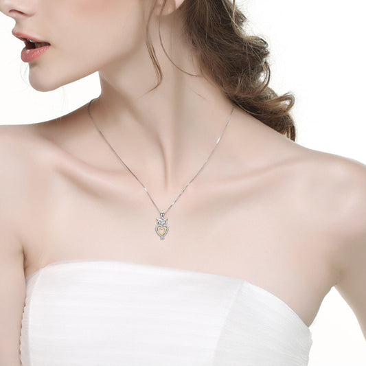 925 Sterling Silver Cute Halloween Heart Owl Necklace With White Zircon - onlyone