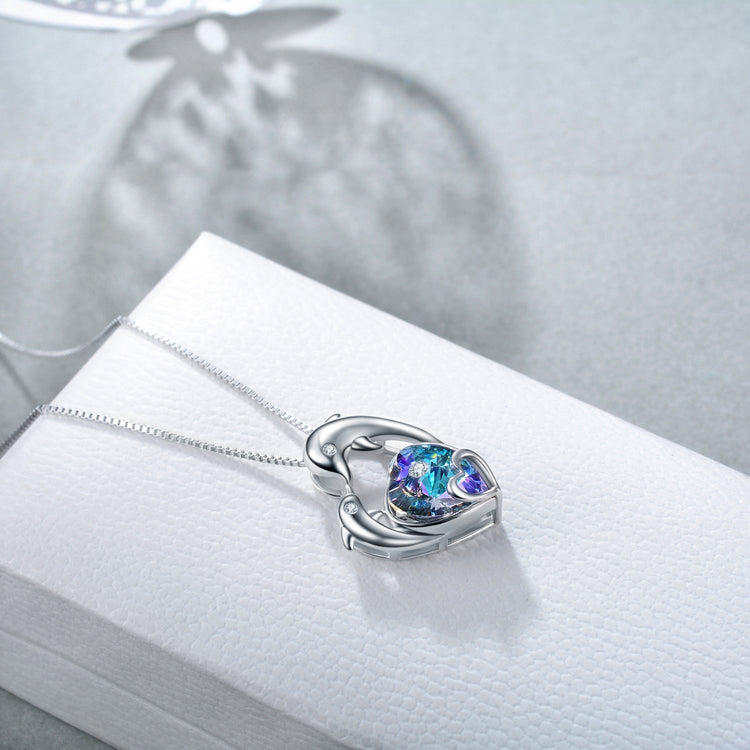 925 Sterling Silver Crystal Heart-Dolphin Necklace - onlyone