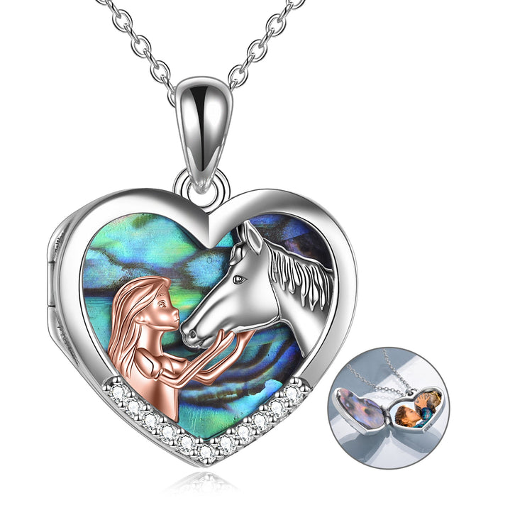 Cheval en argent sterling 925 avec boîte à photo en forme de cœur de fille Collier pendentif
