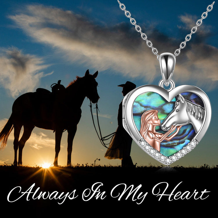 Cheval en argent sterling 925 avec boîte à photo en forme de cœur de fille Collier pendentif