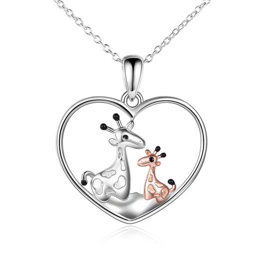 925 Sterling Silver Giraffe Mom and Child Heart Necklace