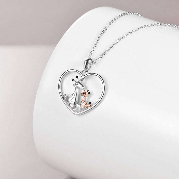 925 Sterling Silver Giraffe Mom and Child Heart Necklace