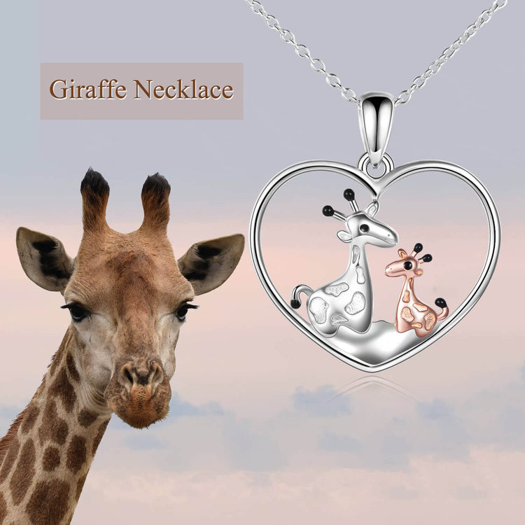 925 Sterling Silver Giraffe Mom and Child Heart Necklace