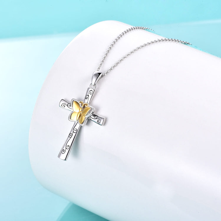 925 Sterling Silver Butterfly Cross Necklace, Gift For Her - onlyone