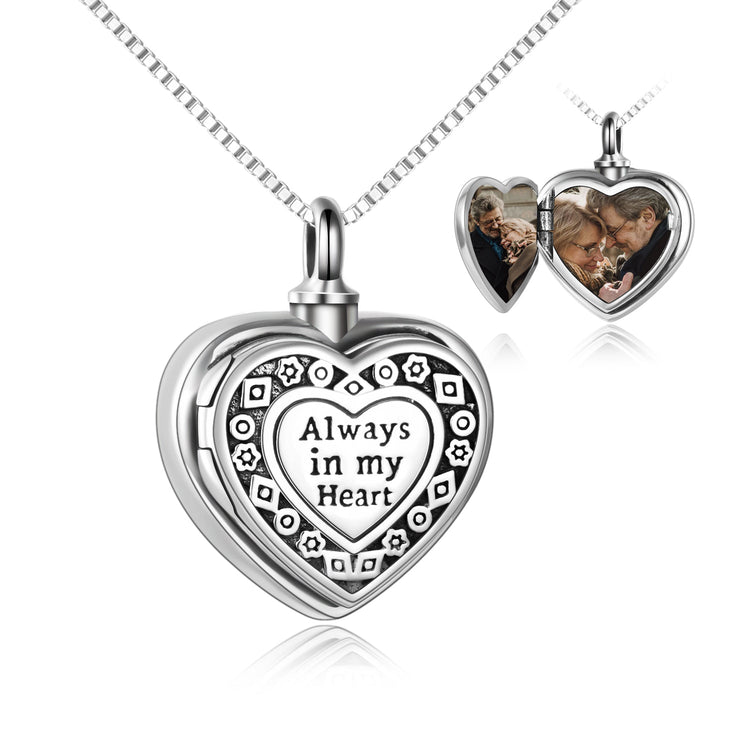 925 Sterling Silver Always in My Heart Urn Necklace for Ashes Custom Photo Keepsake Necklace Cremation Jewelry Gift for Women - onlyone