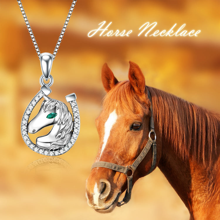 925 Sterling Silver Lucky Horseshoe and Horse Pendant Necklace - onlyone
