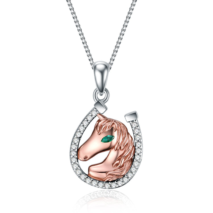 925 Sterling Silver Lucky Horseshoe and Horse Pendant Necklace - onlyone