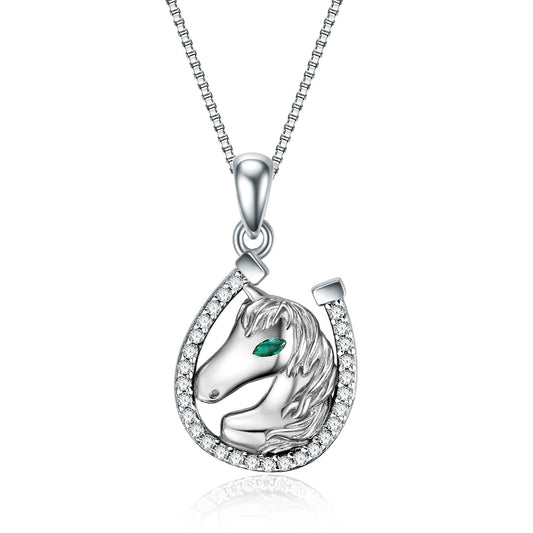 925 Sterling Silver Lucky Horseshoe and Horse Pendant Necklace - onlyone
