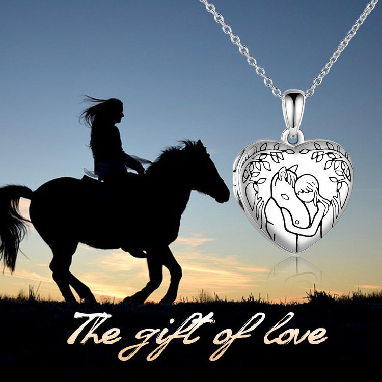 925 Sterling Silver Horse And Girl Photo Heart Locket Necklace That Hold Pictures Gift for Women - onlyone
