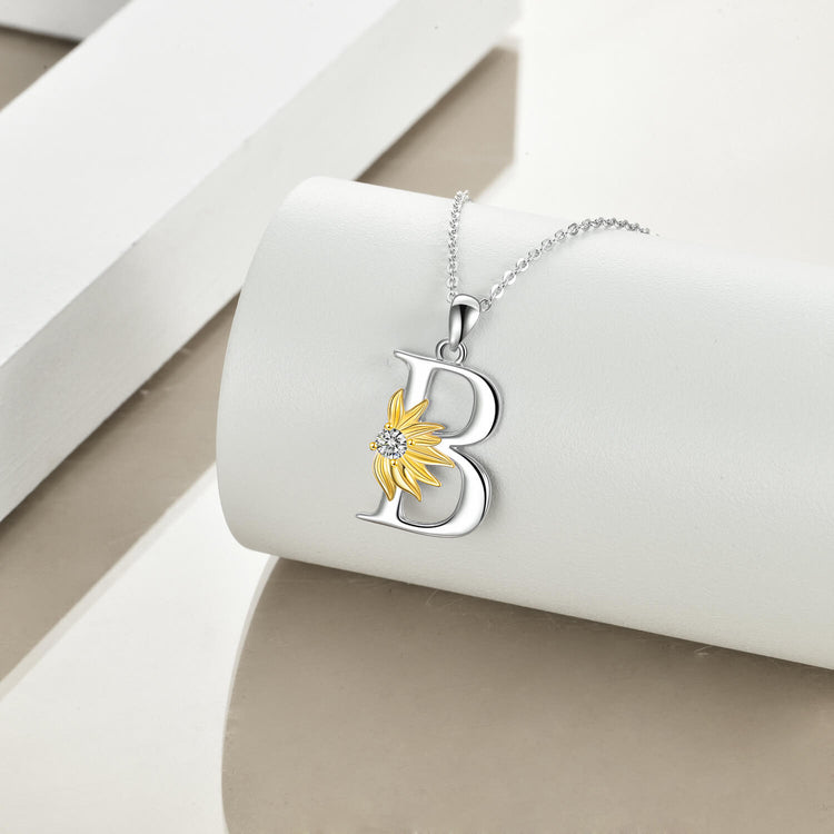 925 Sterling Silver Sunflower Initial Necklace