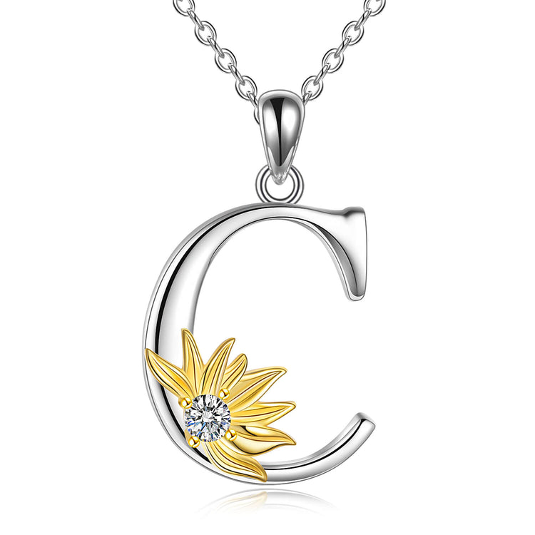 925 Sterling Silver Sunflower Initial Necklace