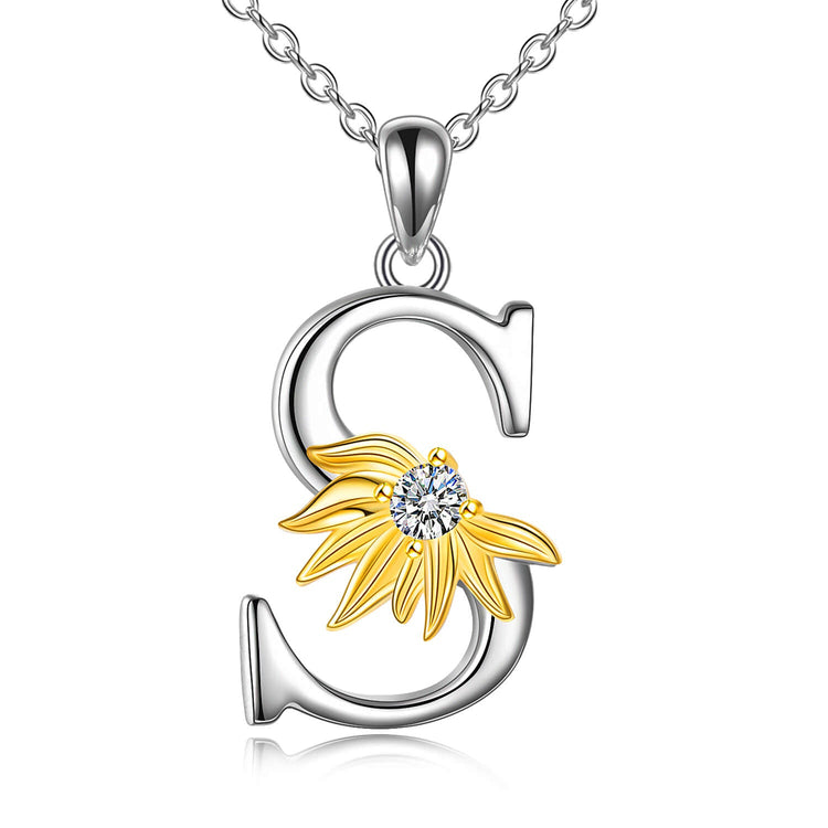 925 Sterling Silver Sunflower Initial Necklace