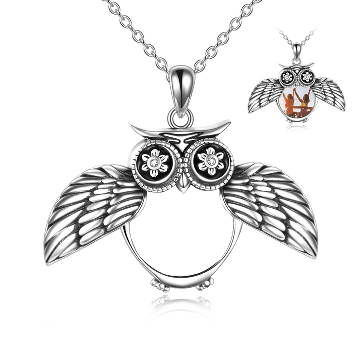 925 Sterling Silver Cute Owl Round Photo Locket Necklace