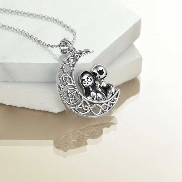 925 Sterling Silver Nightmare Before Christmas Jack Skellington Crescent Moon Pendant Necklace