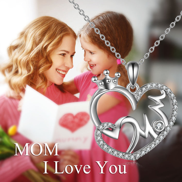 925 Sterling Silver Mom Crown Heart Necklace