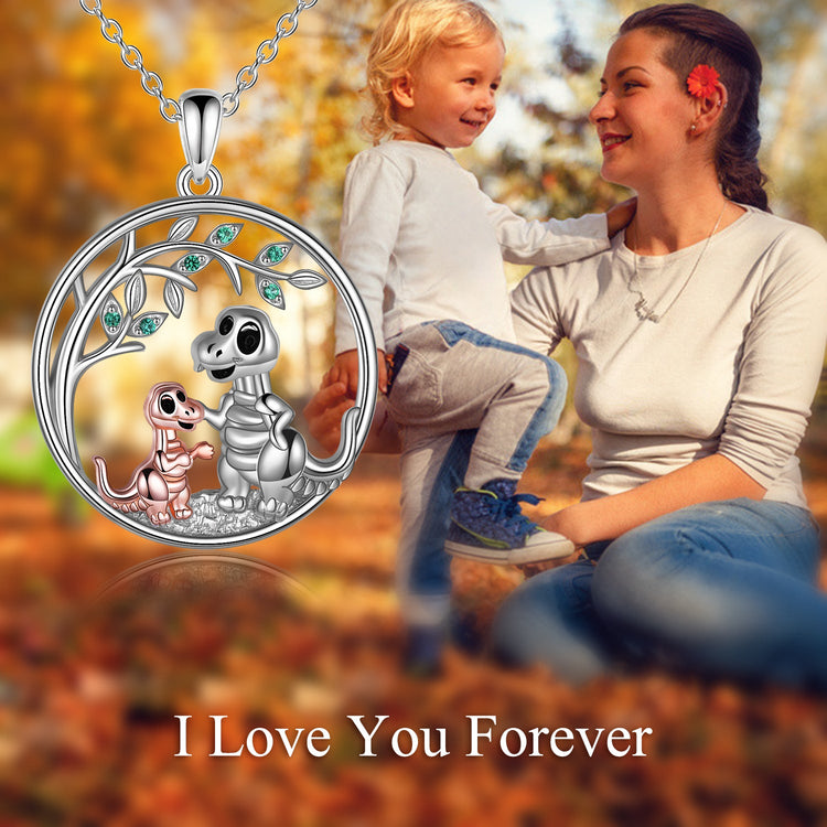925 Sterling Silver Dinosaur Mom And Child Necklace