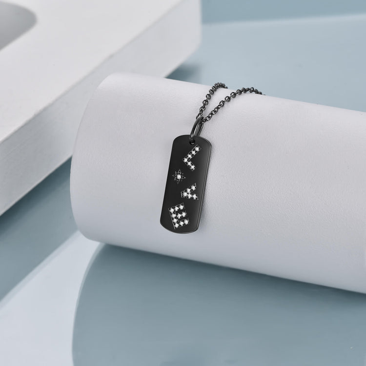 925 Sterling Silver Black Vertical Carved Strip Necklace With LOVE Shape Letters, Gift For Her