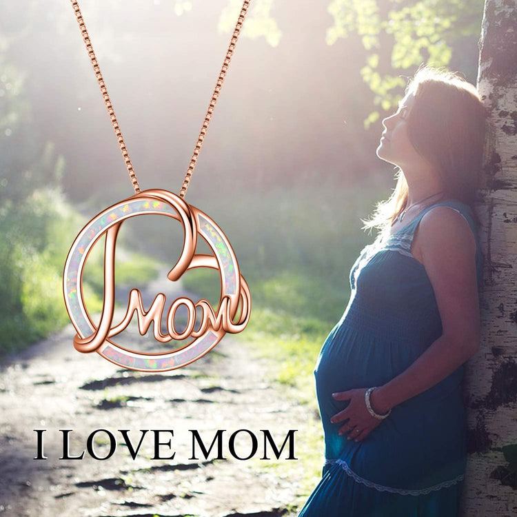 925 Sterling Silver Rose Gold Heart Mom Necklace With Simulated Opal