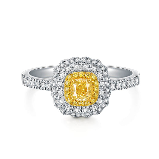 18K Classic Halo Style Yellow Diamond Ring
