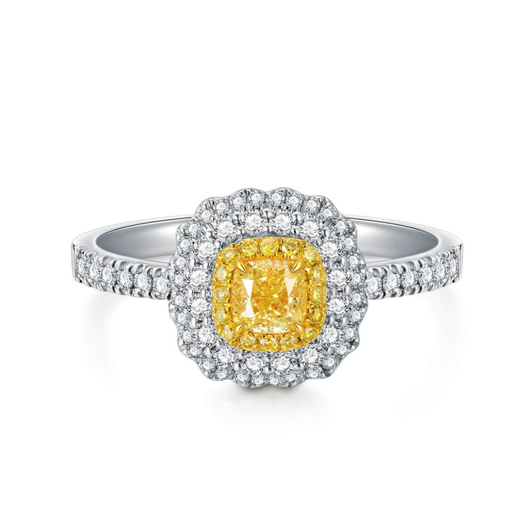 18K Classic Halo Style Yellow Diamond Ring