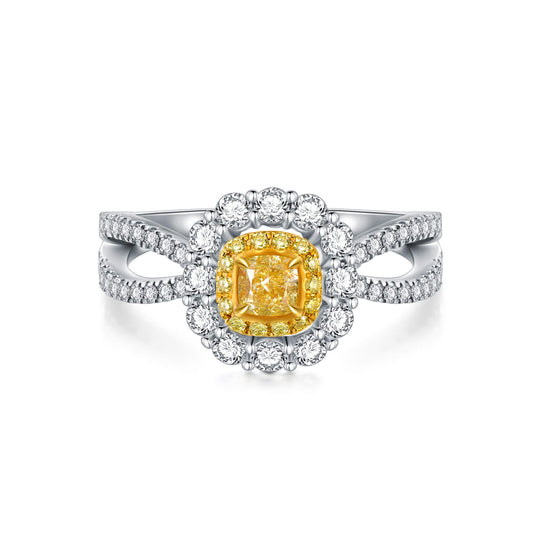 18K Lace Inspired Halo Cushion Yellow Diamond Ring