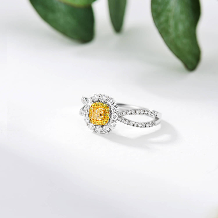 18K Lace Inspired Halo Cushion Yellow Diamond Ring
