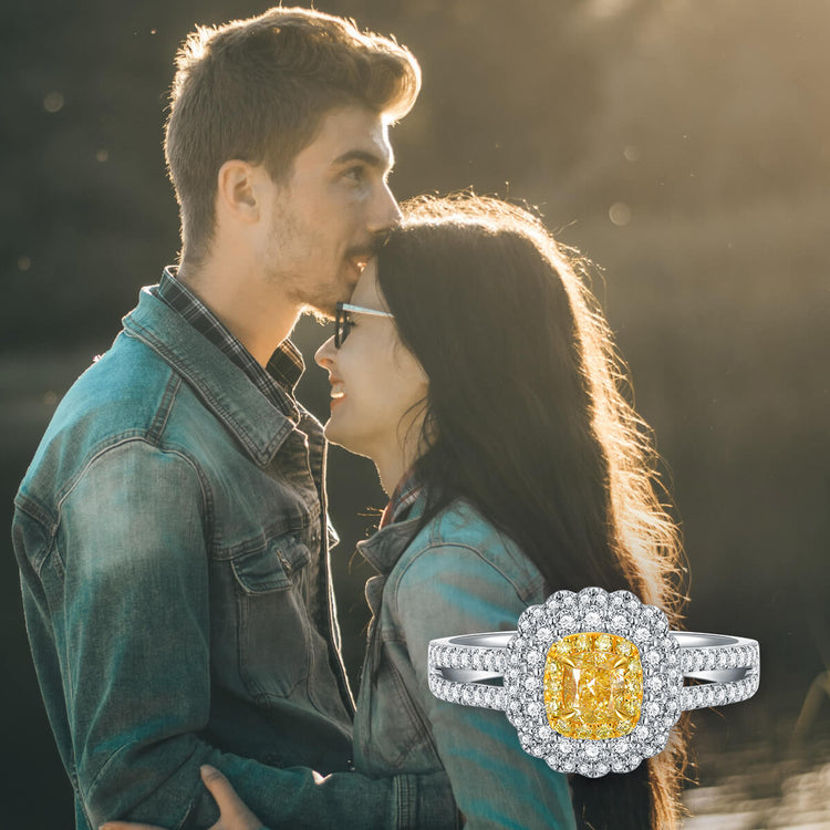 18K Vintage Halo Cushion Yellow Diamond Ring