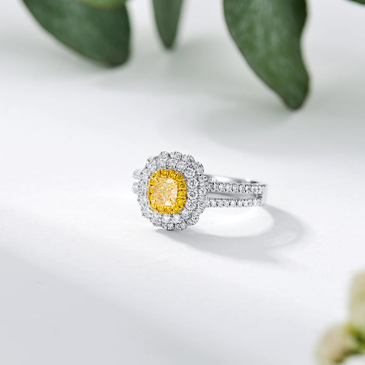 18K Vintage Halo Cushion Yellow Diamond Ring