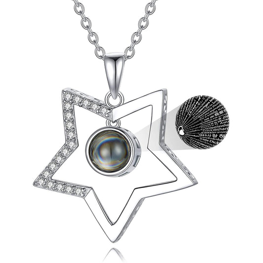 925 Sterling Silver Star Necklace with 100 Languages I Love You Stone
