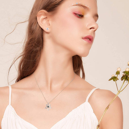 925 Sterling Silver Star Necklace with 100 Languages I Love You Stone