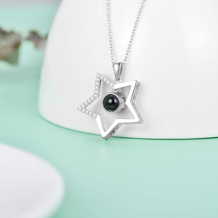 925 Sterling Silver Star Necklace with 100 Languages I Love You Stone