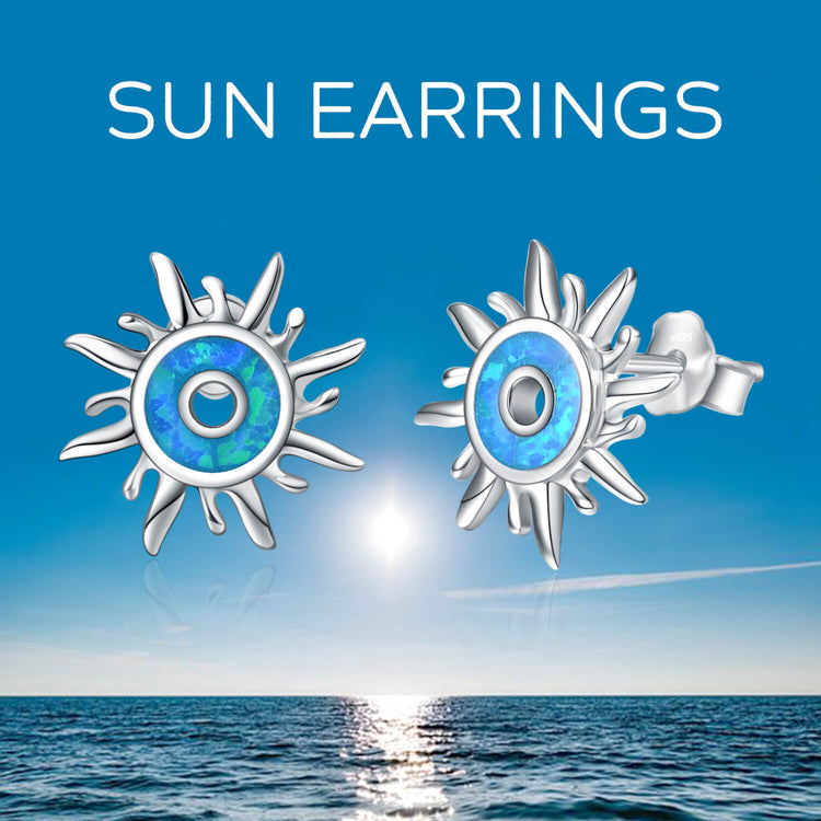 925 Sterling Silver Sun Stud Earrings Blue Created Opal Earrings For Women - onlyone