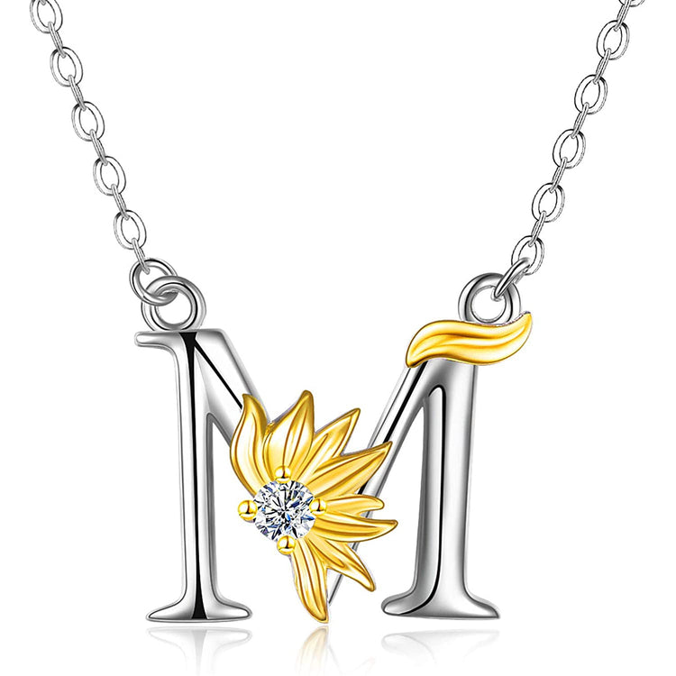 925 Sterling Silver Sunflower Initial Necklace