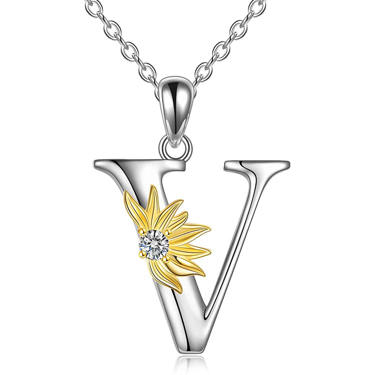 925 Sterling Silver Sunflower Initial Necklace