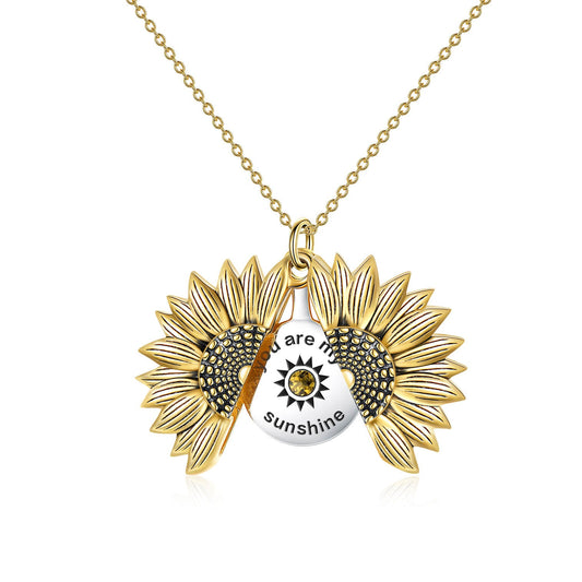 925 Sterling Silver Vintage Customized Open Locket You Are My Sunshine Sunflower Pendant Necklace With Birthstone - onlyone