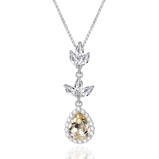 925 Sterling Silver Crystal Leaf Drop Dangle Pendant Necklace Bridal Party Gift - onlyone