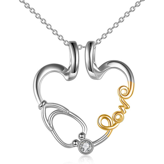925 Sterling Silver Love Nurse Stethoscope Pendant Ring Holder Necklace