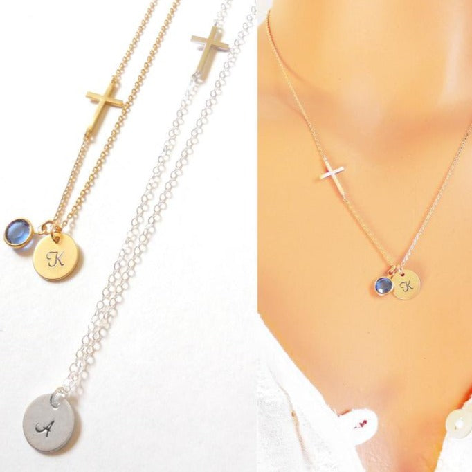 925 Sterling Silver Sideways Cross Necklace, Custom Initial Birthstone Necklace