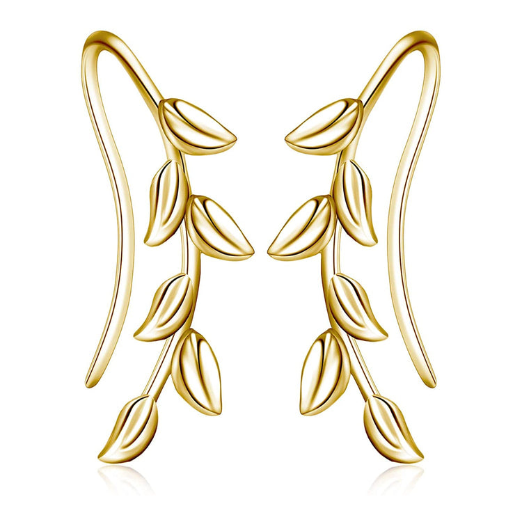 925 Sterling Silver Willow Leaf Ear Climber Crawler Cuff Earrings