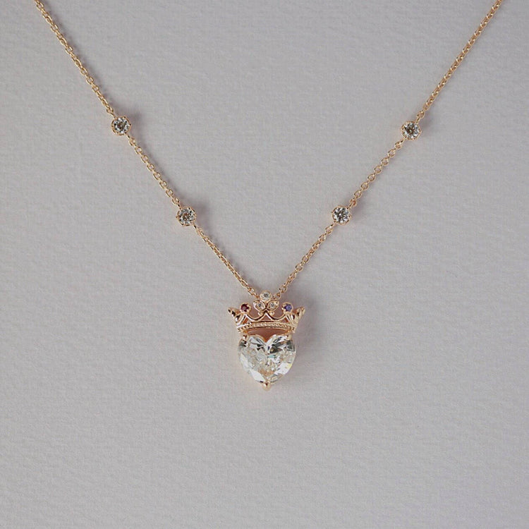 925 Sterling Silver Crown Heart Crystal Necklace With Birthstone For Queen, Gift For Her