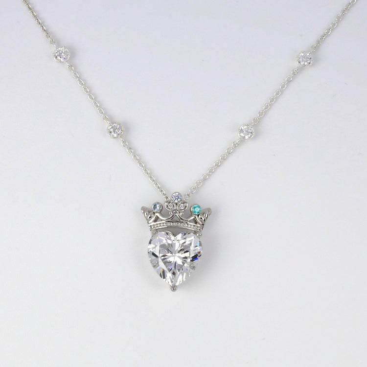 925 Sterling Silver Crown Heart Crystal Necklace With Birthstone For Queen, Gift For Her