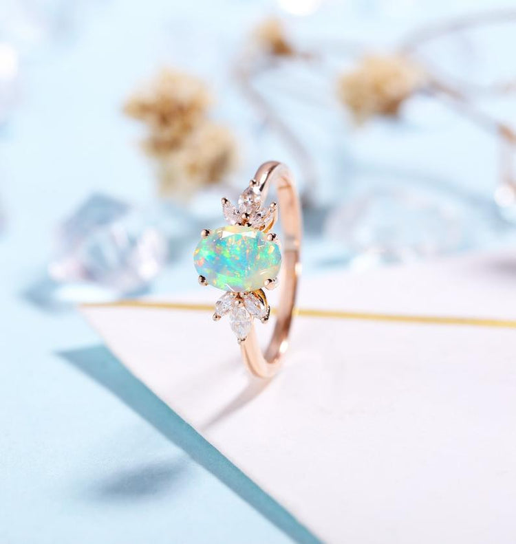Faceted Oval cut Opal Engagement Ring Rose gold Women | Antique Moissanite Bridal Marquise Jewelry |Unique Promise Anniversary Gifts for Her - onlyone