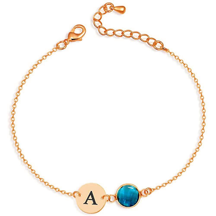 925 Sterling Silver Initial Disc And Birthstone Anklet Bracelet