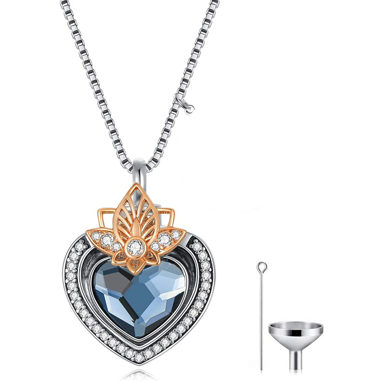 PRAYBIRDS 925 Sterling Silver Heart Flower Urn Necklace for Ashes, Cremation Keepsake Necklace with Crystal