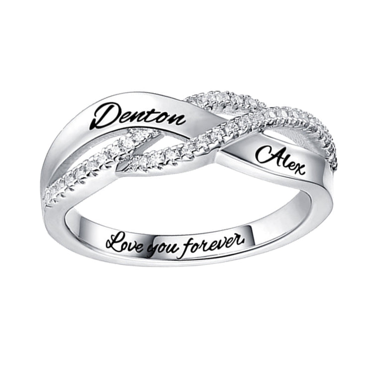 925 Sterling Silver Personalized Two Names Engraved Ring With Paved Zirconia